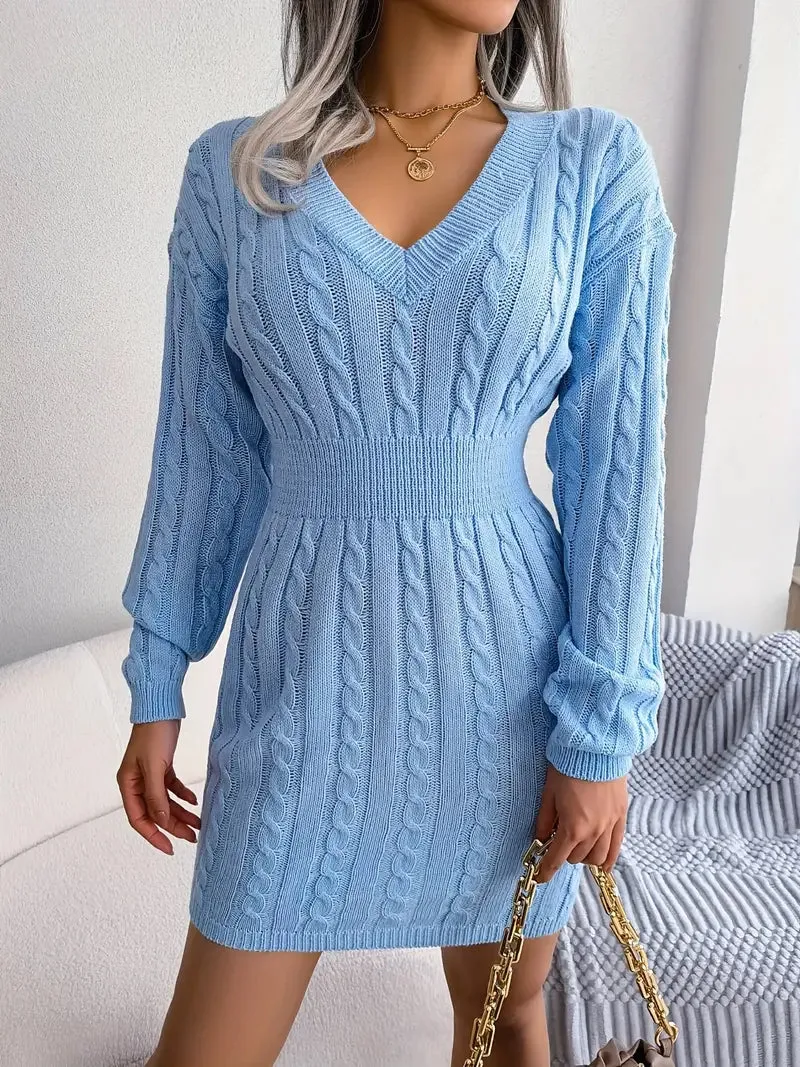 JazzHer Cable Knit V Neck Sweater Dress