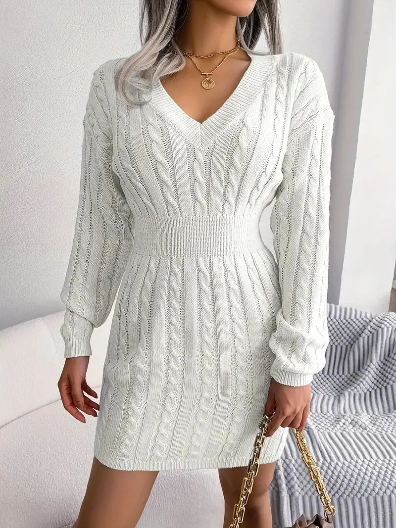 JazzHer Cable Knit V Neck Sweater Dress