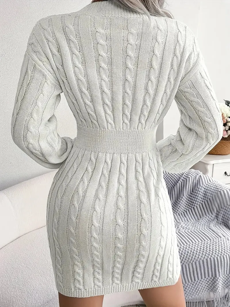 JazzHer Cable Knit V Neck Sweater Dress