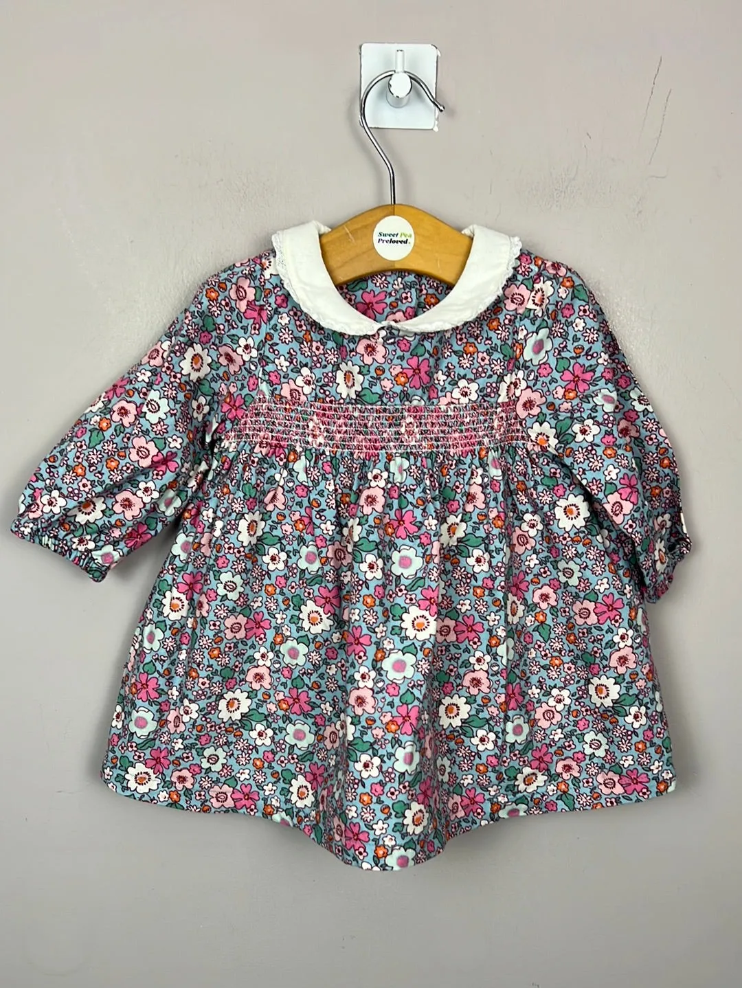 M&S Blue floral smocked dress 3-6m