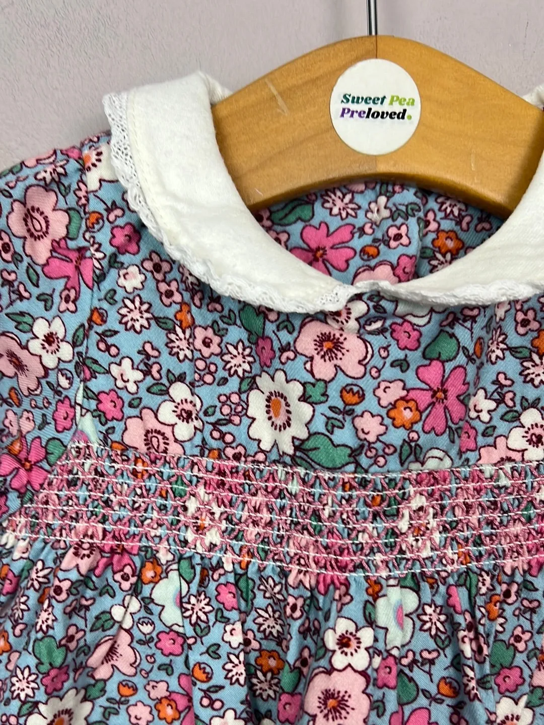 M&S Blue floral smocked dress 3-6m
