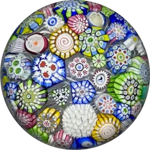 Miniature John Deacons Art Glass Paperweight Cascading Complex Millefiori Closepack with Roses & Sihouettes