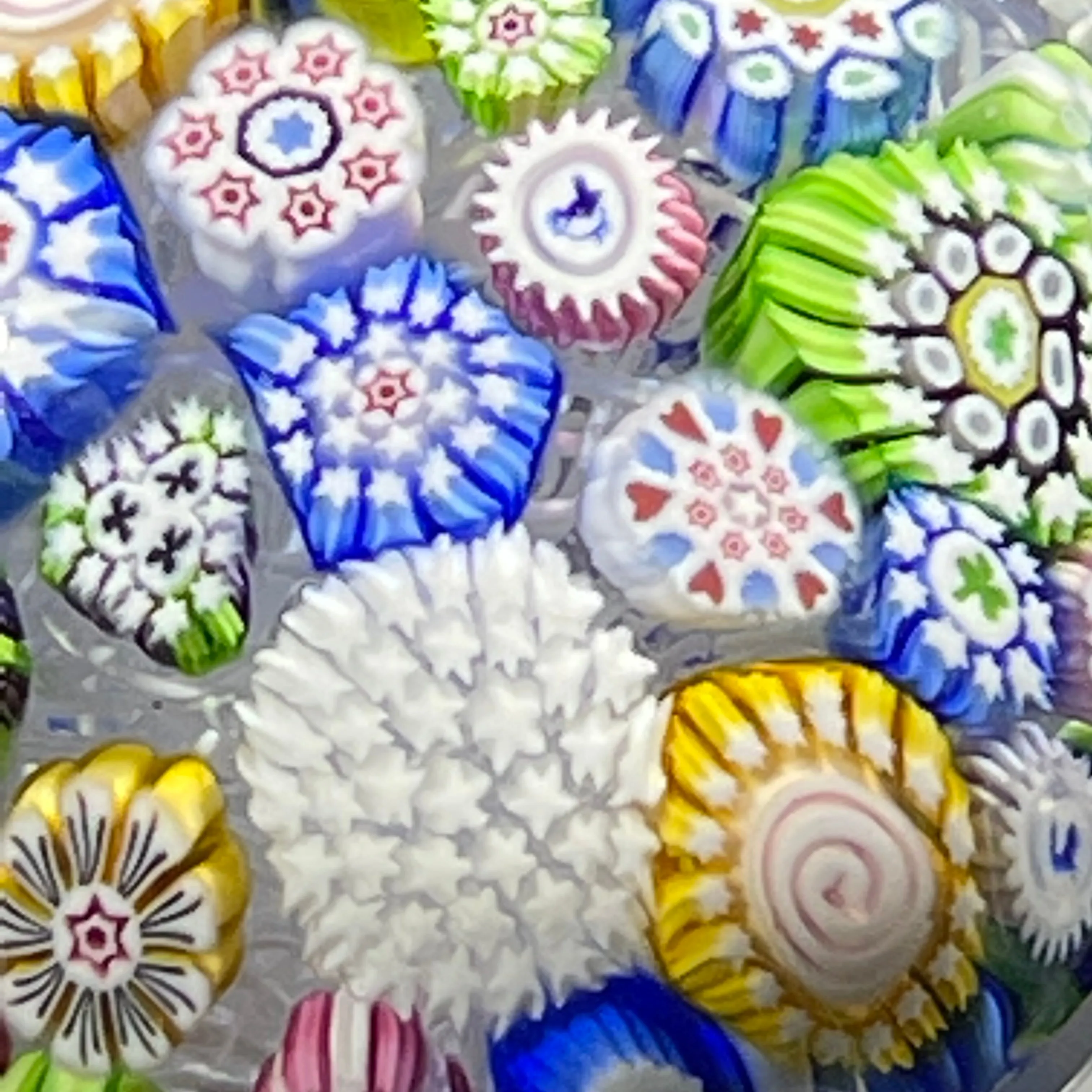 Miniature John Deacons Art Glass Paperweight Cascading Complex Millefiori Closepack with Roses & Sihouettes
