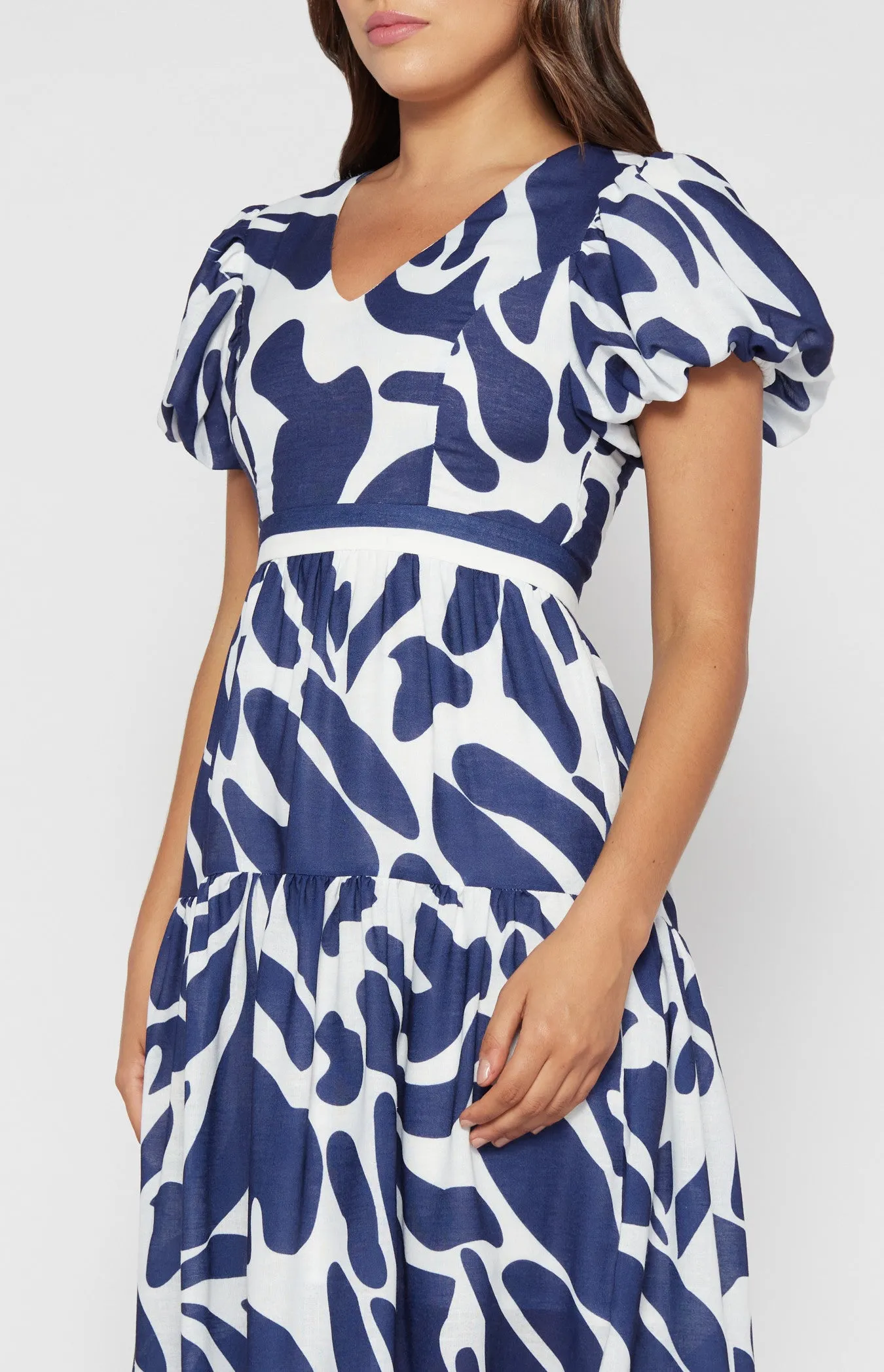 Navy & White Placement Print Linen Midi Dress