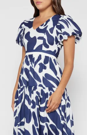 Navy & White Placement Print Linen Midi Dress