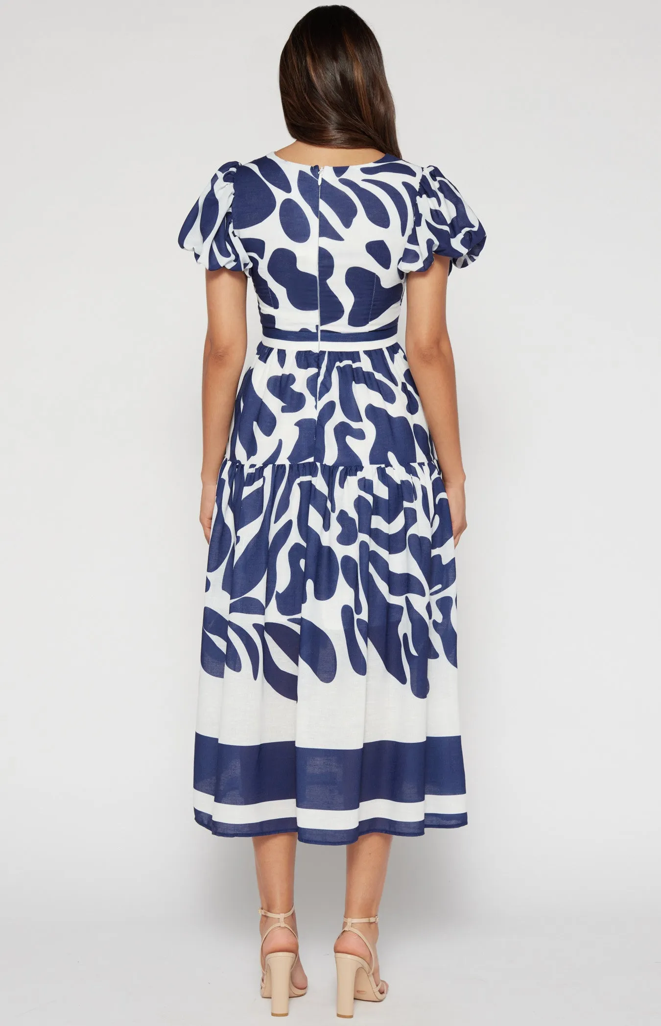 Navy & White Placement Print Linen Midi Dress