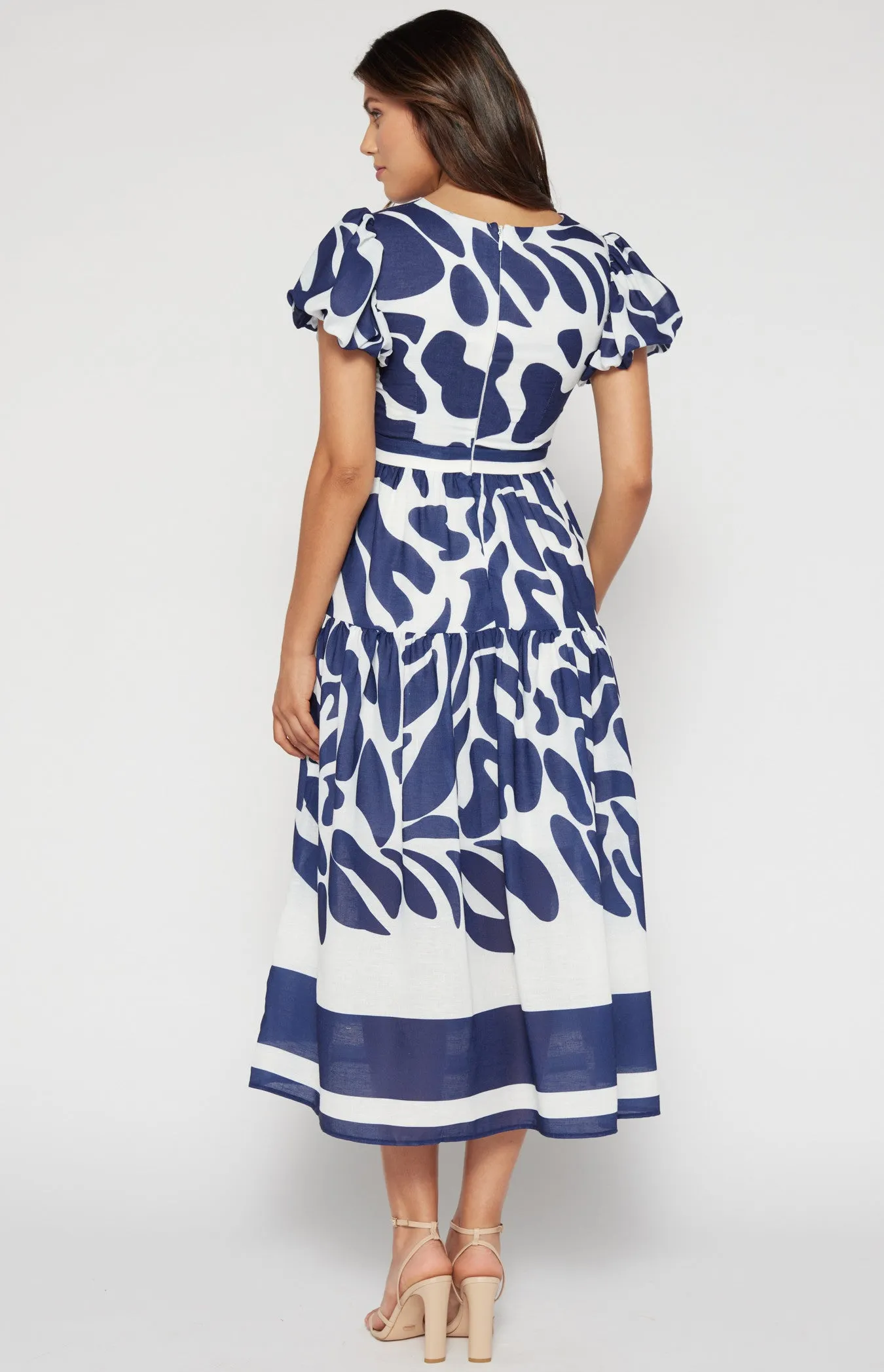 Navy & White Placement Print Linen Midi Dress