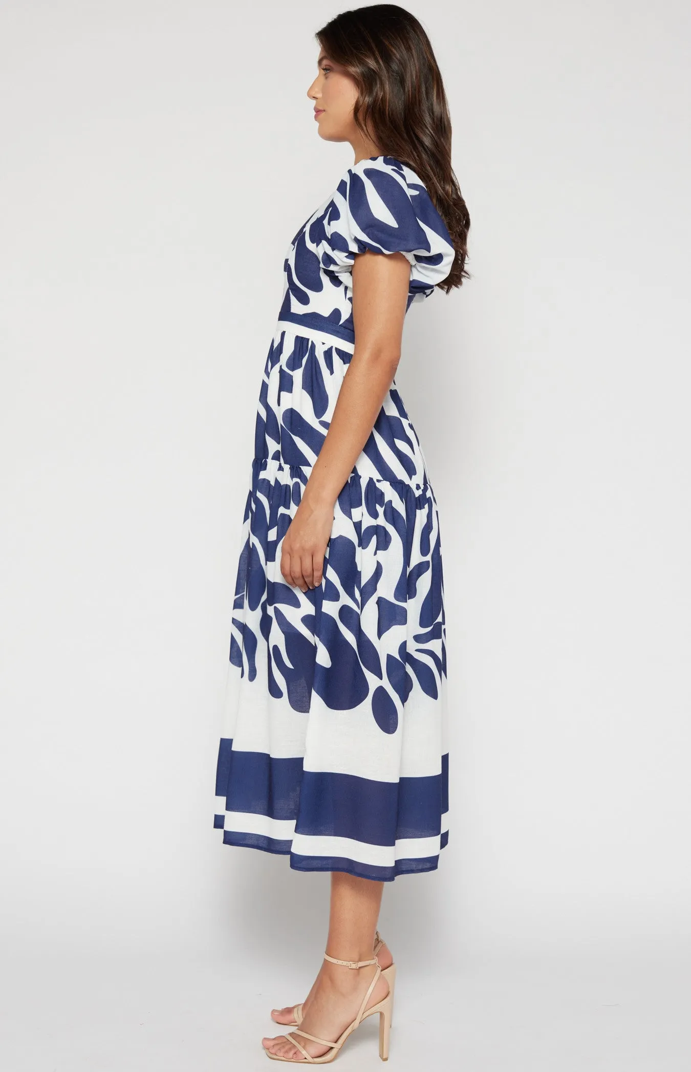 Navy & White Placement Print Linen Midi Dress
