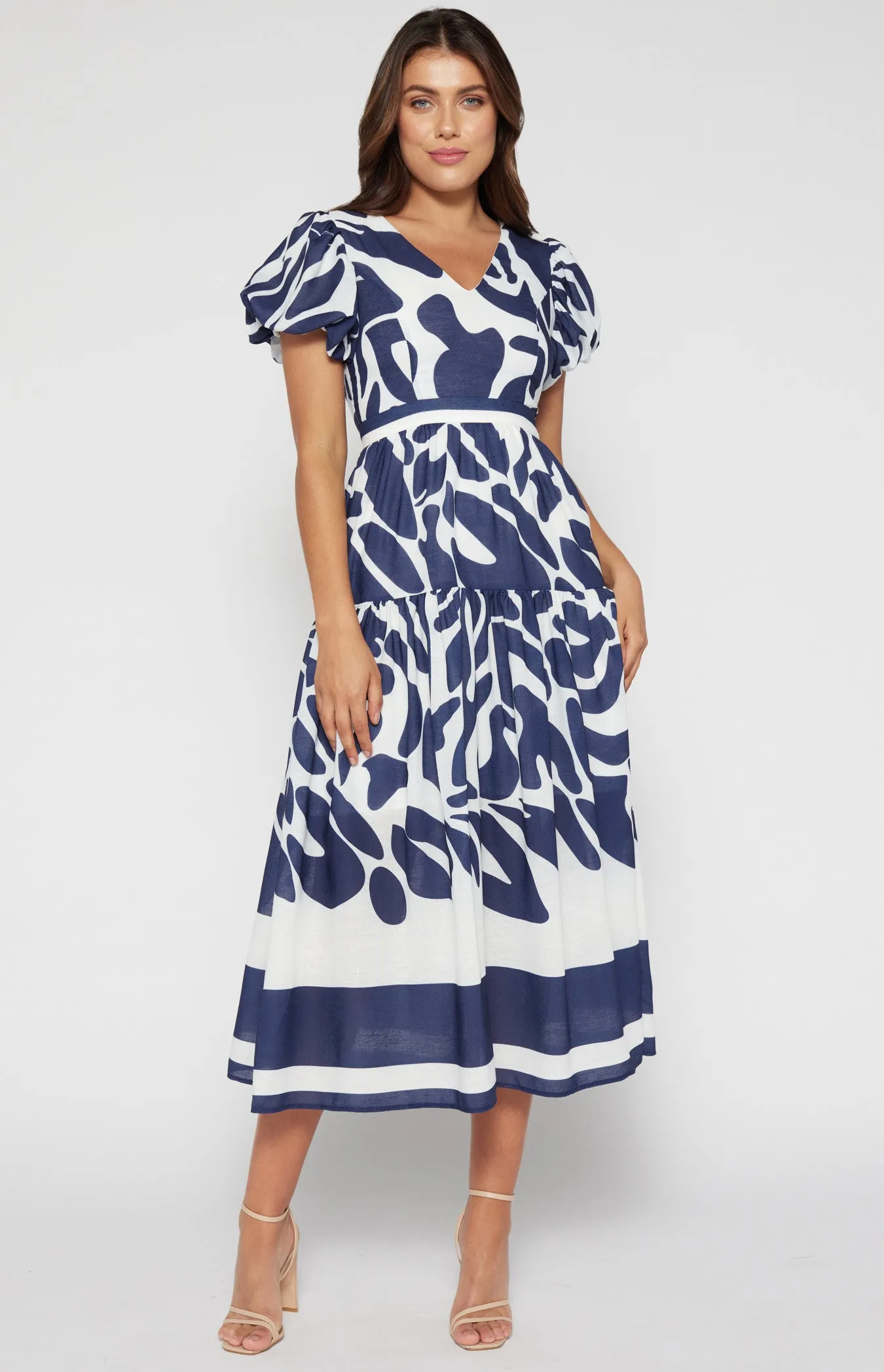 Navy & White Placement Print Linen Midi Dress