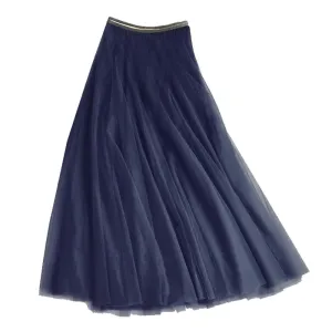Navy Blue Tulle Midi Skirt with Gold Waistband