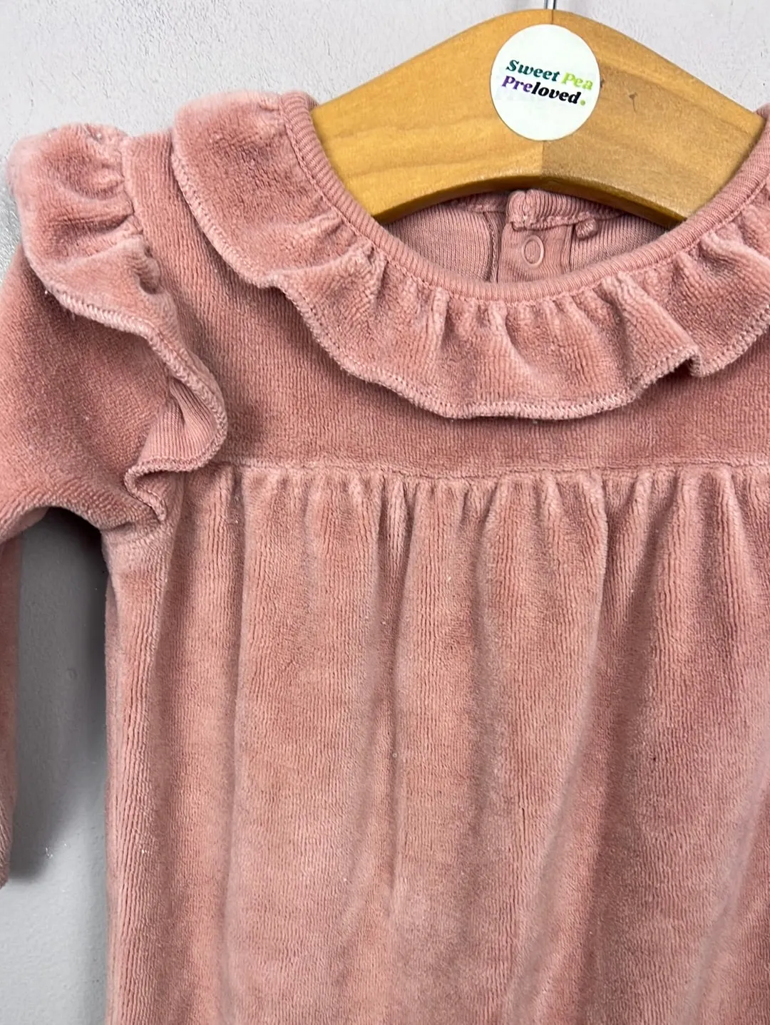 Next pink velour ruffle collar romper 1month