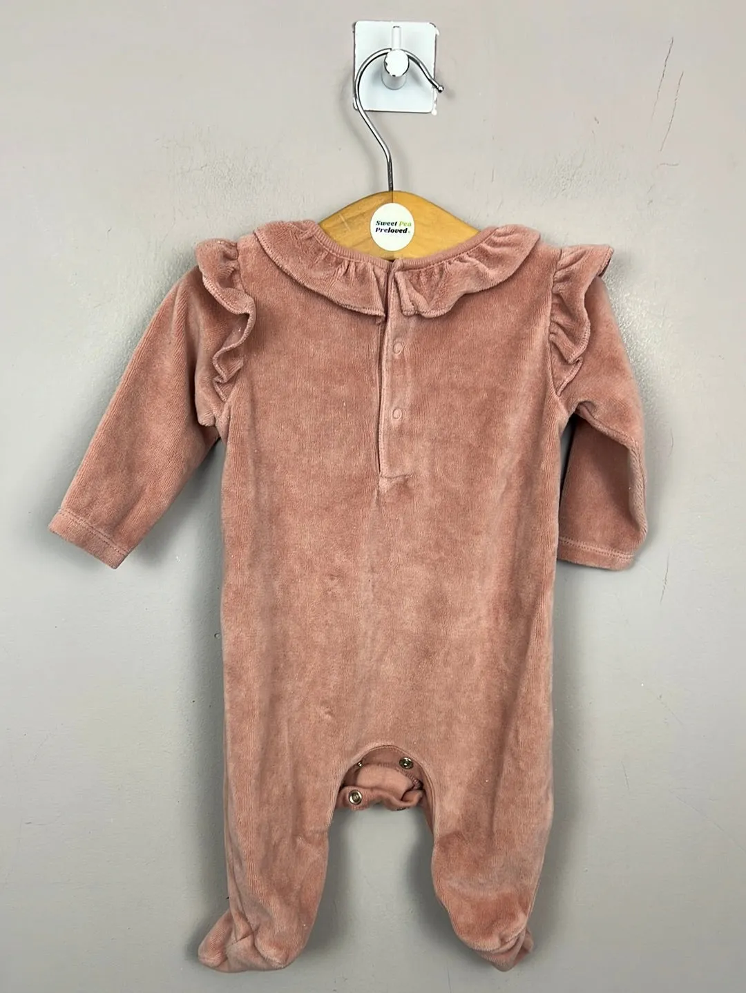 Next pink velour ruffle collar romper 1month