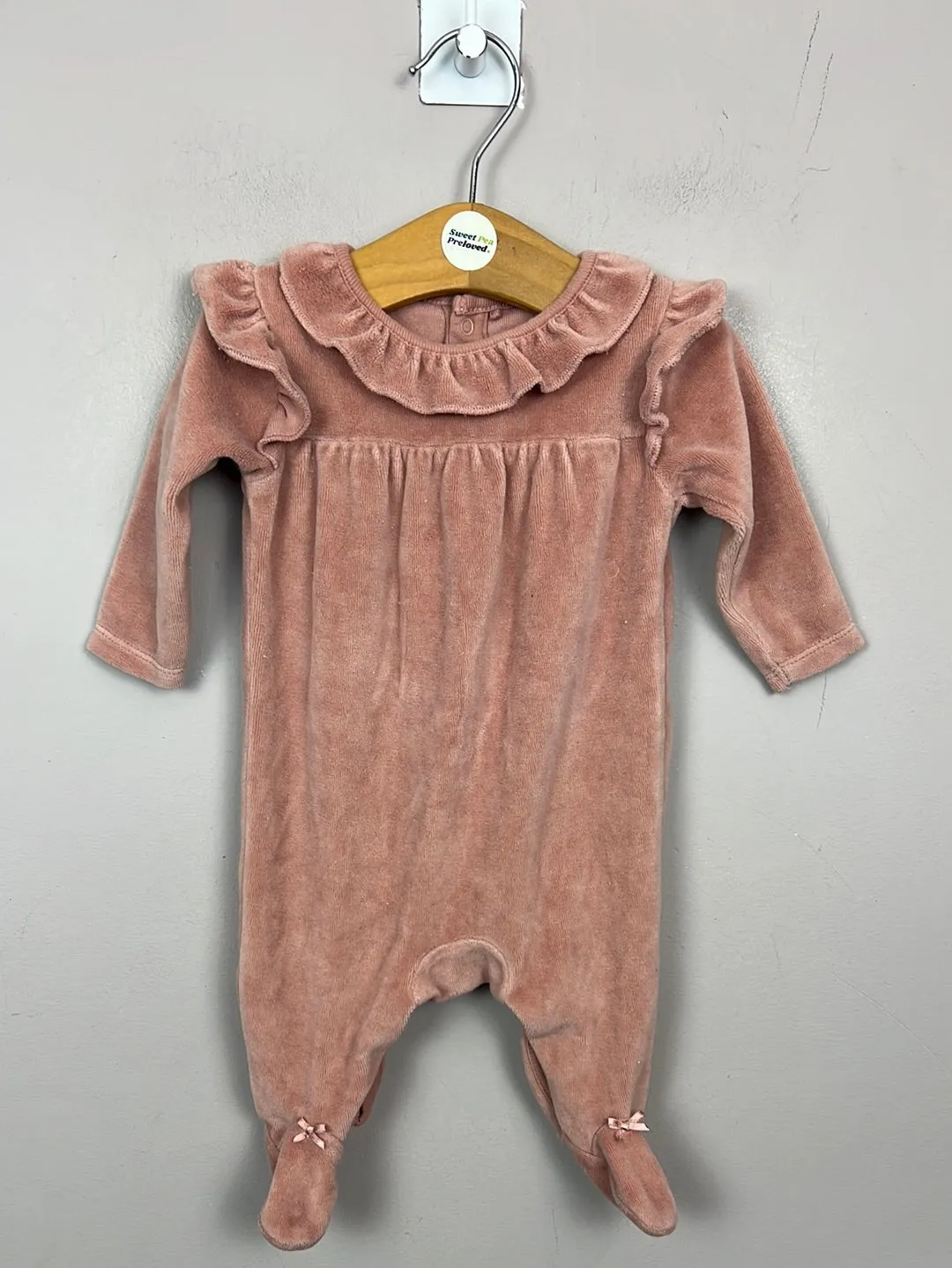 Next pink velour ruffle collar romper 1month