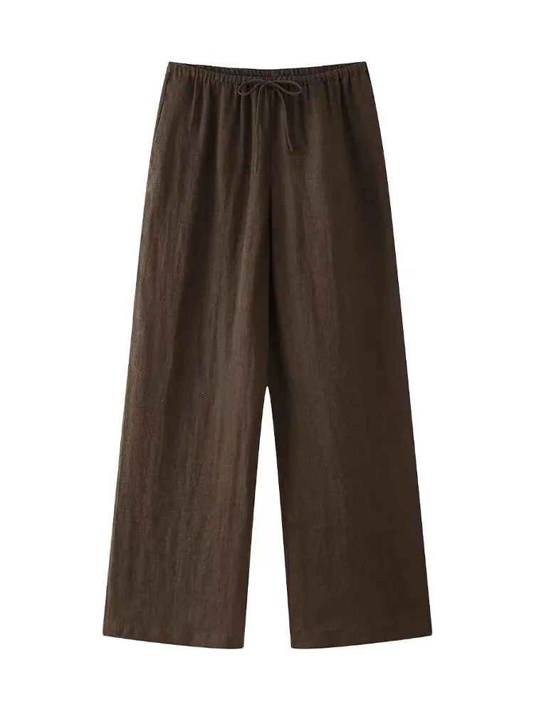 Obsidian Phoenix Two-Piece Set - Lace-Up Shirt & Elastic Waist Vintage Trousers, Chic Women’s Pantsuit