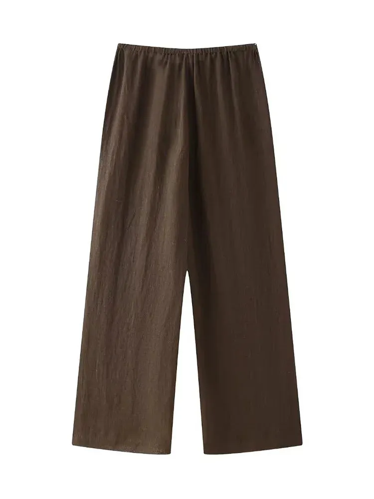 Obsidian Phoenix Two-Piece Set - Lace-Up Shirt & Elastic Waist Vintage Trousers, Chic Women’s Pantsuit