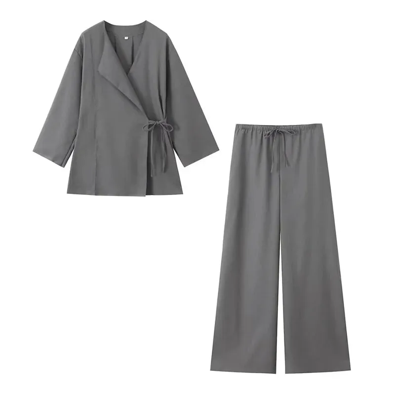 Obsidian Phoenix Two-Piece Set - Lace-Up Shirt & Elastic Waist Vintage Trousers, Chic Women’s Pantsuit