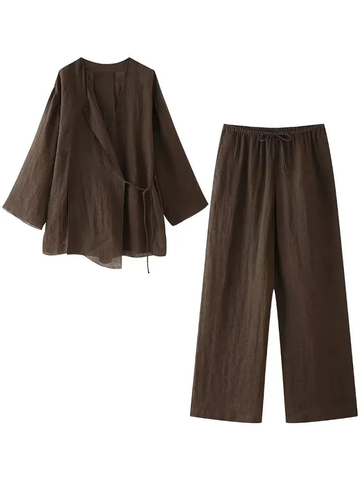 Obsidian Phoenix Two-Piece Set - Lace-Up Shirt & Elastic Waist Vintage Trousers, Chic Women’s Pantsuit