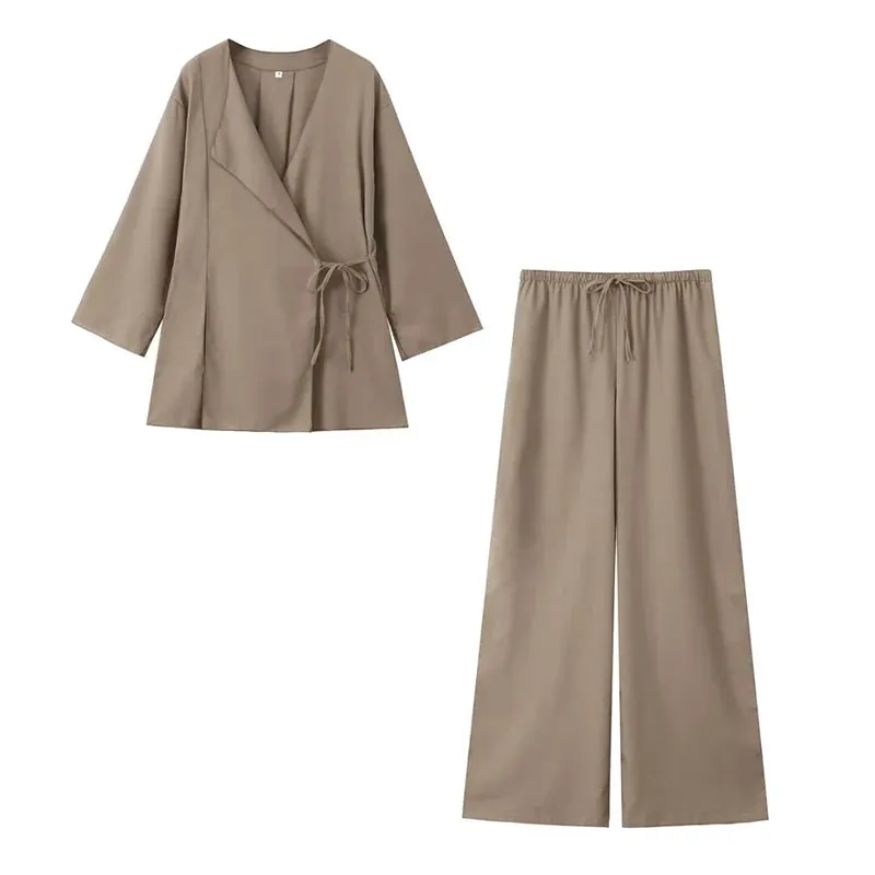 Obsidian Phoenix Two-Piece Set - Lace-Up Shirt & Elastic Waist Vintage Trousers, Chic Women’s Pantsuit