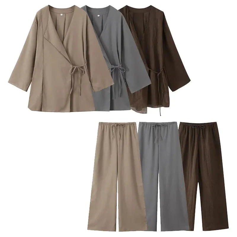Obsidian Phoenix Two-Piece Set - Lace-Up Shirt & Elastic Waist Vintage Trousers, Chic Women’s Pantsuit