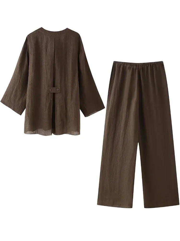 Obsidian Phoenix Two-Piece Set - Lace-Up Shirt & Elastic Waist Vintage Trousers, Chic Women’s Pantsuit