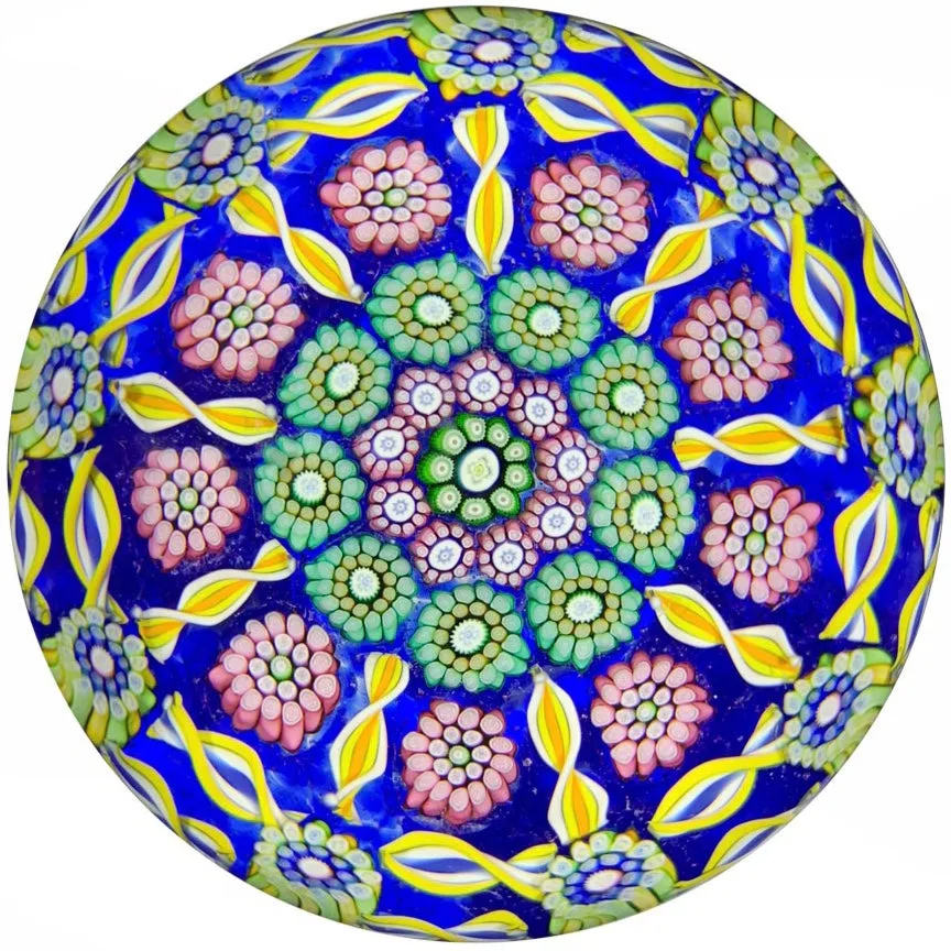 Perthshire PP203 Art Glass Paperweight Patterned Millefiori and Ribbon Twists on Blue Ground