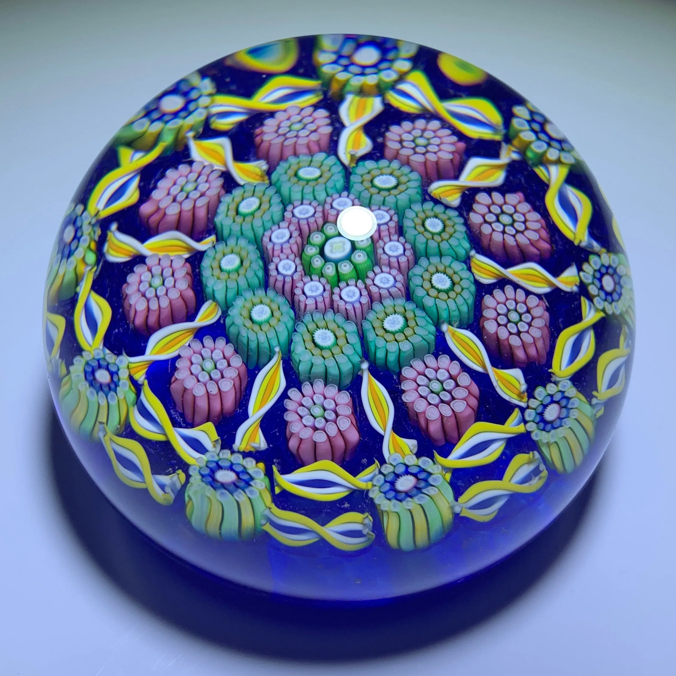 Perthshire PP203 Art Glass Paperweight Patterned Millefiori and Ribbon Twists on Blue Ground