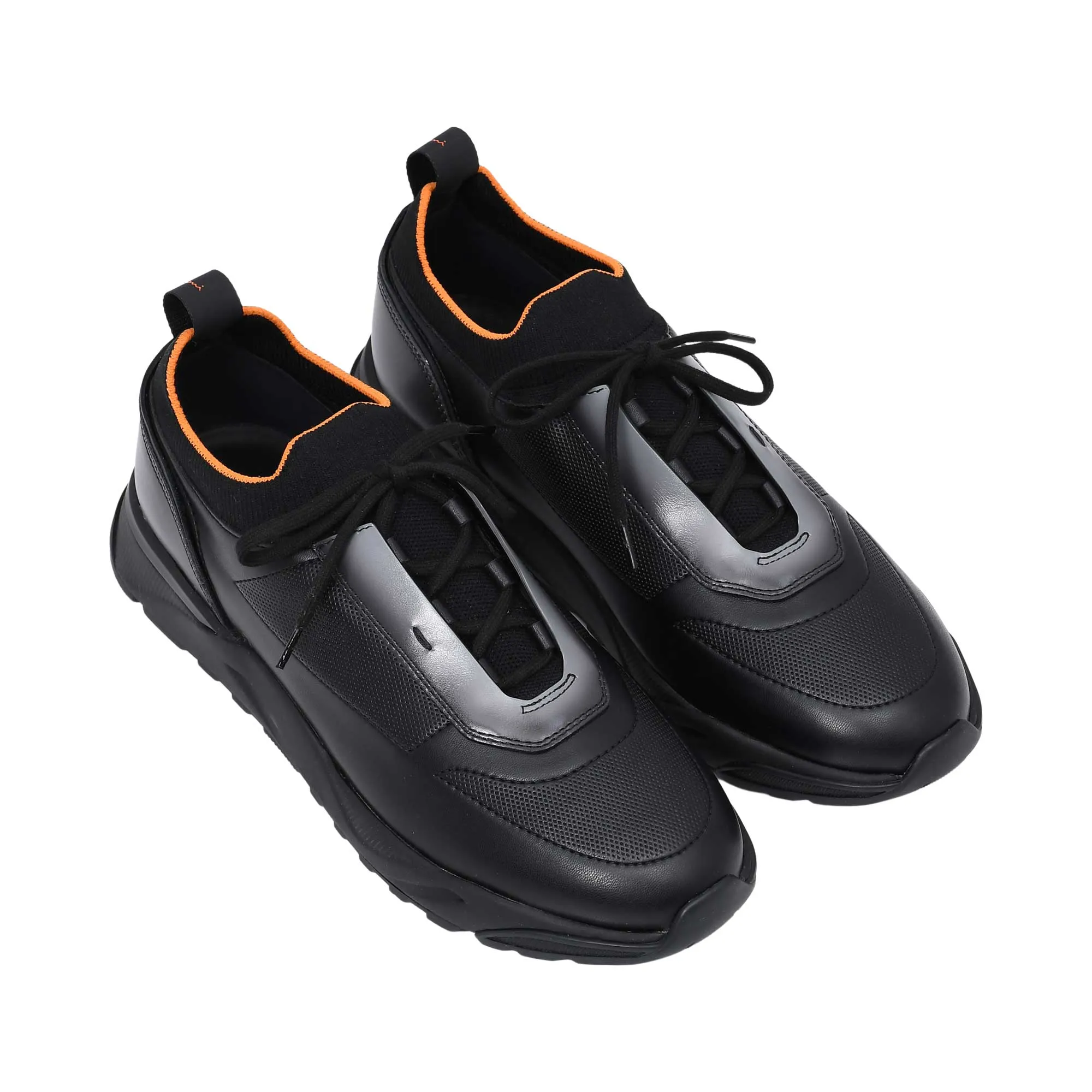 Santoni Men's Hybrid Black & Orange Leather & Knit Sneaker