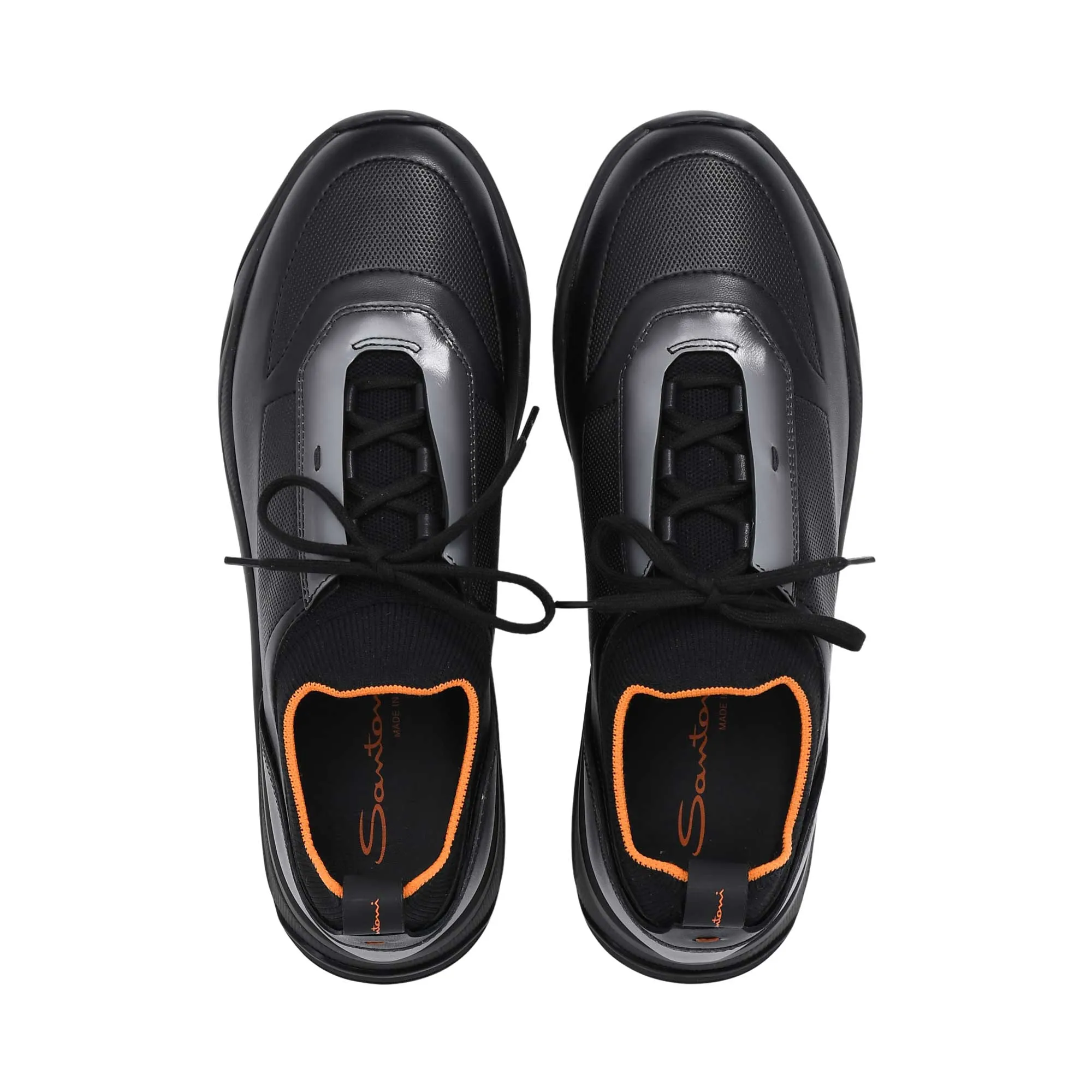 Santoni Men's Hybrid Black & Orange Leather & Knit Sneaker