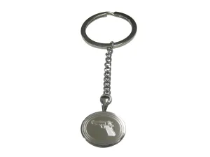 Silver Toned Etched Oval Modern Handgun Pendant Keychain