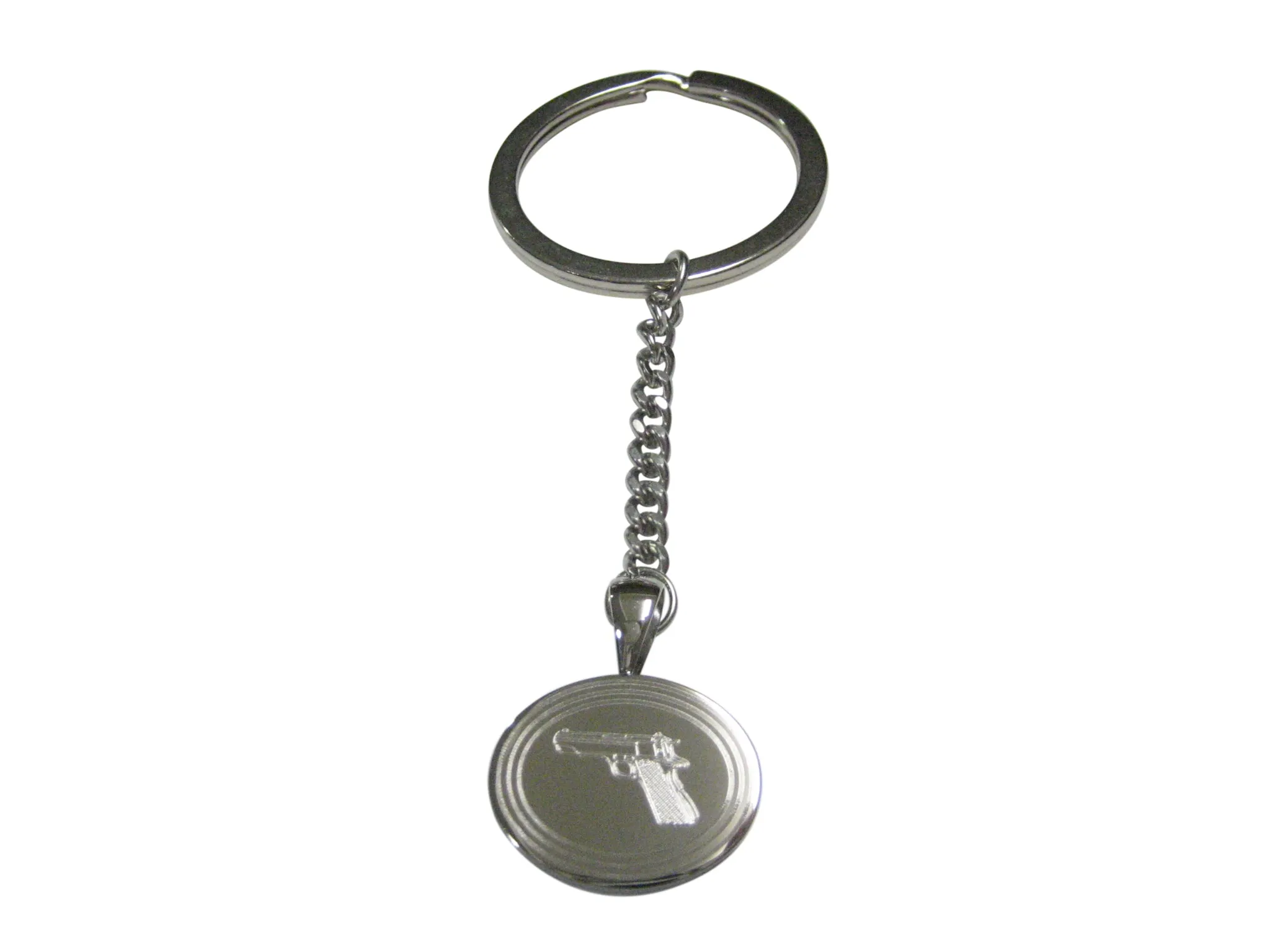 Silver Toned Etched Oval Modern Handgun Pendant Keychain