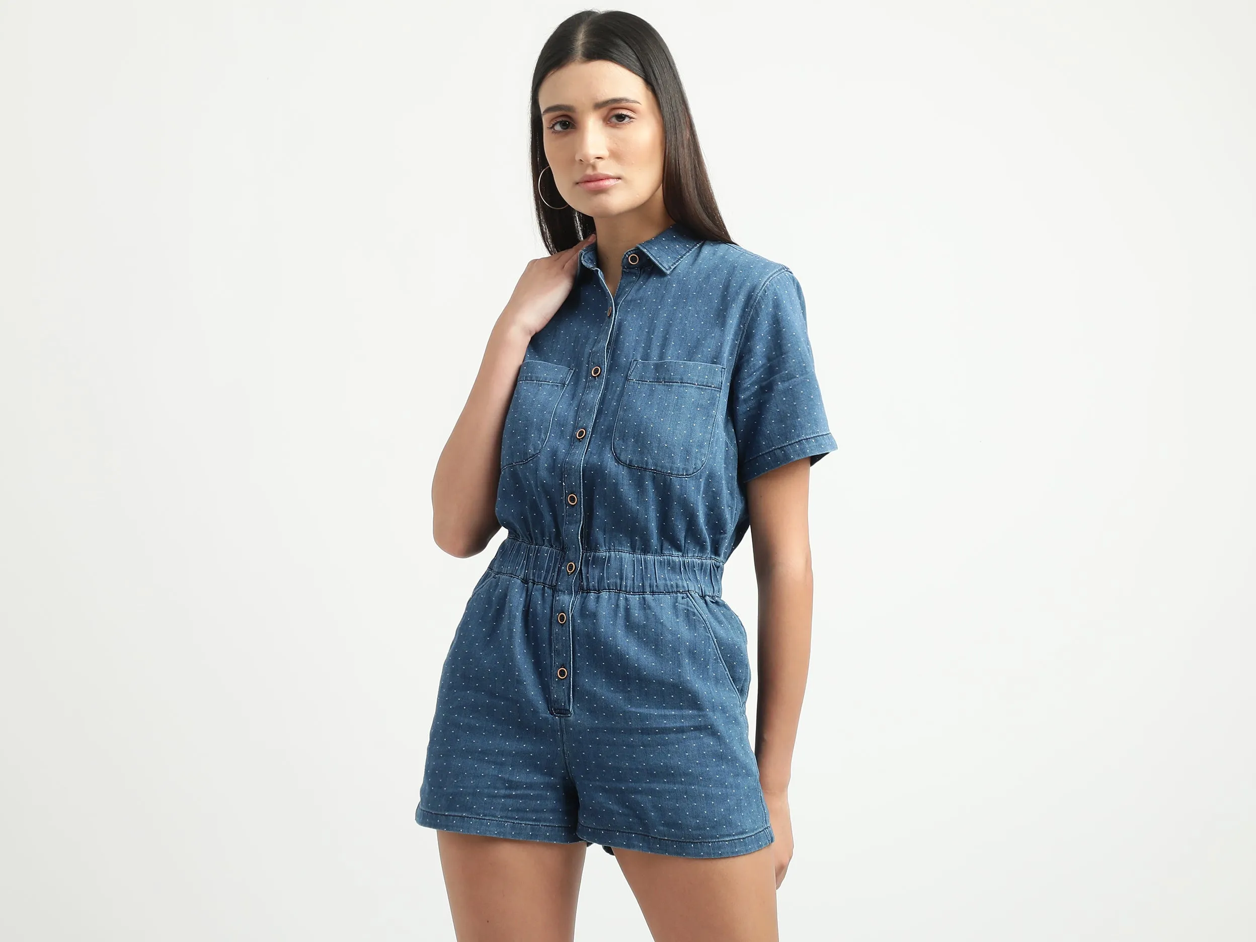 Women Printed Spread Collar Romper
