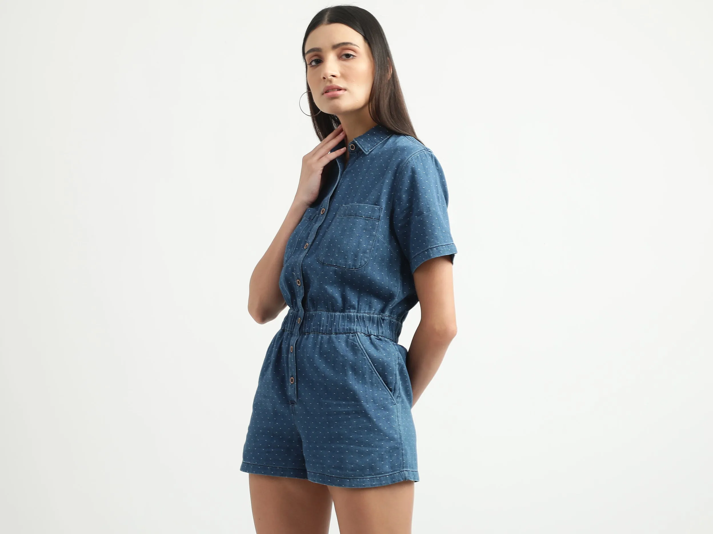 Women Printed Spread Collar Romper