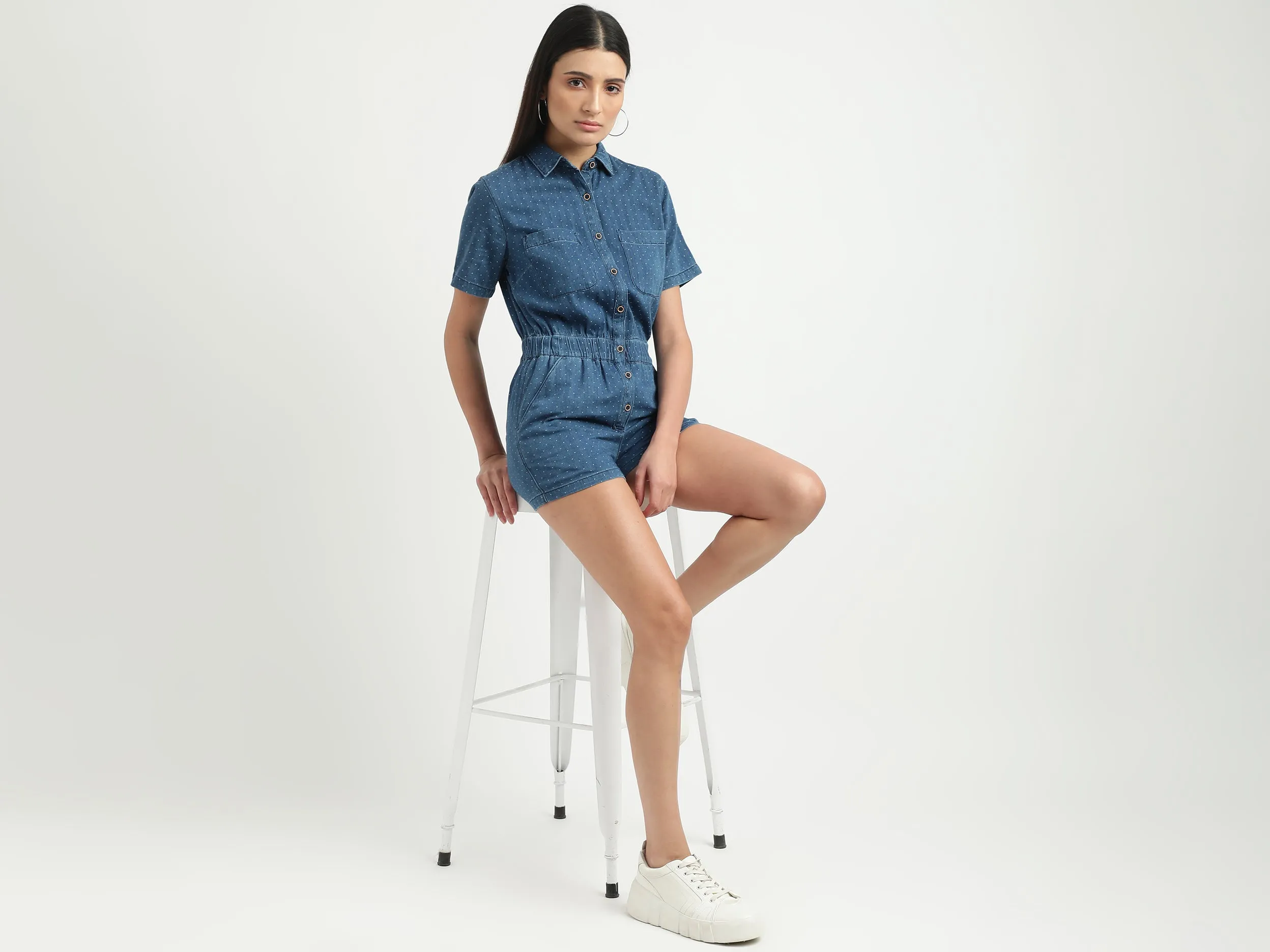Women Printed Spread Collar Romper