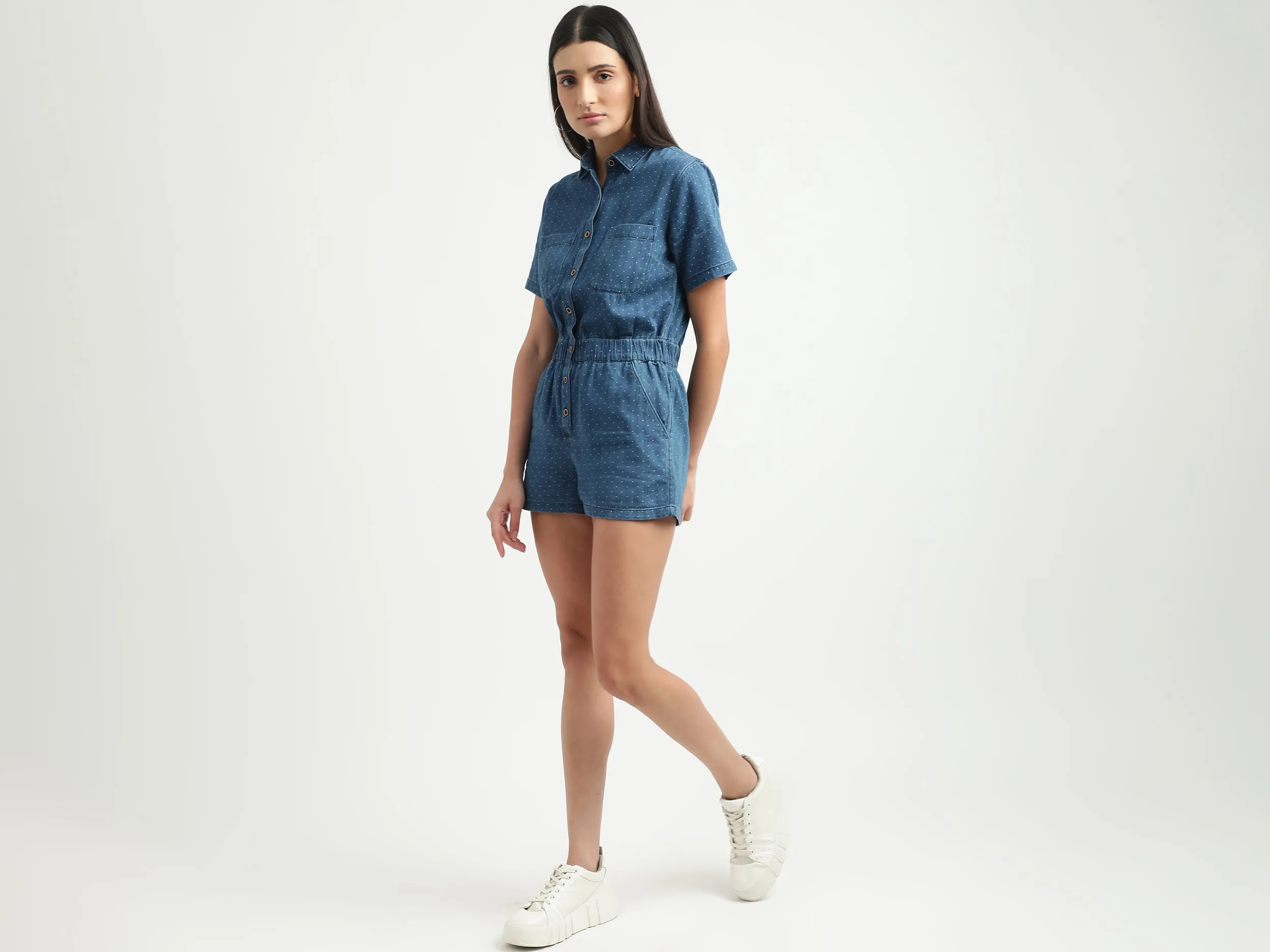 Women Printed Spread Collar Romper