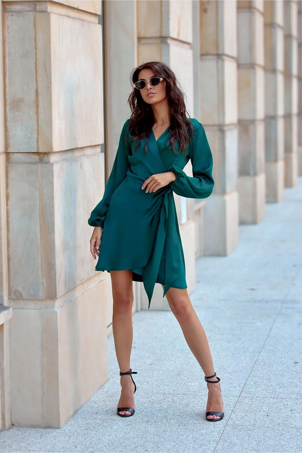 Wrap Tie Mini Dress with Puff Sleeves