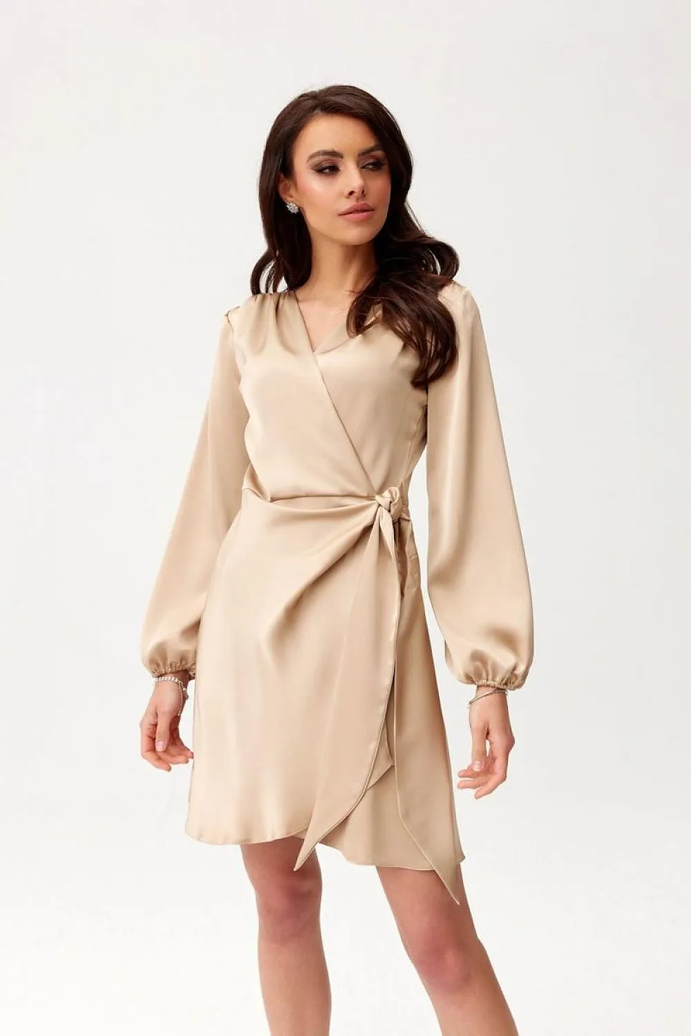 Wrap Tie Mini Dress with Puff Sleeves