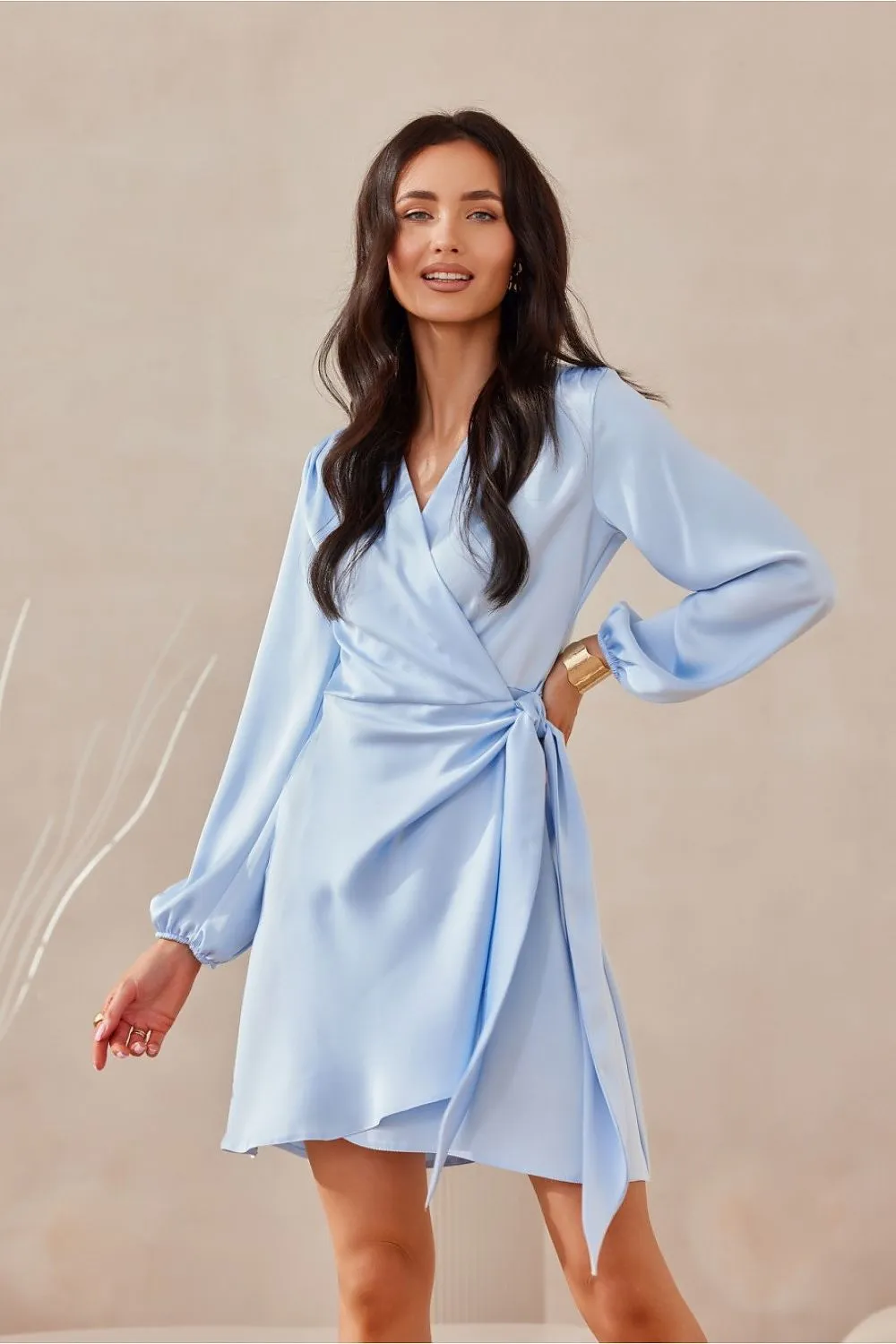 Wrap Tie Mini Dress with Puff Sleeves