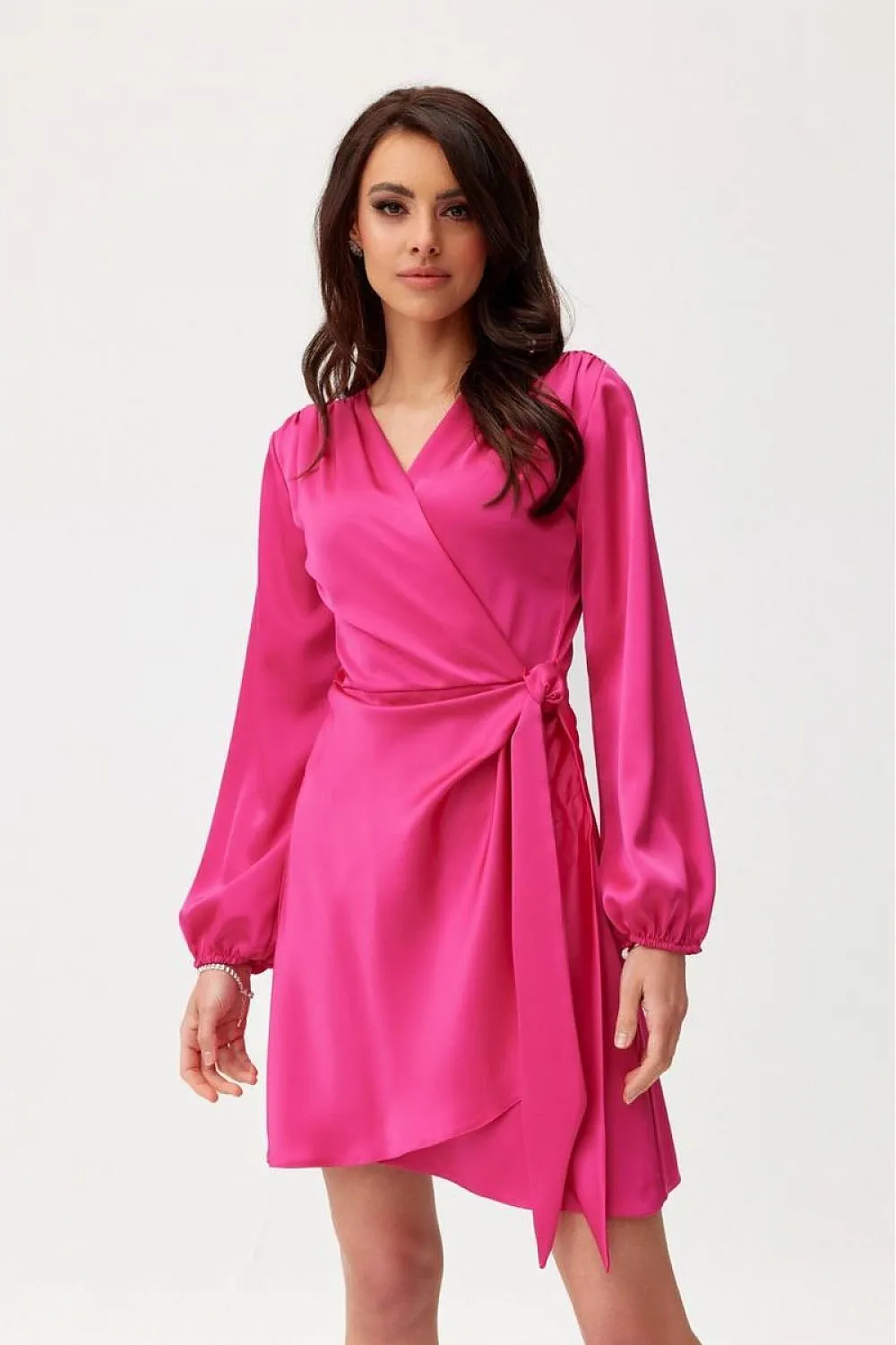 Wrap Tie Mini Dress with Puff Sleeves