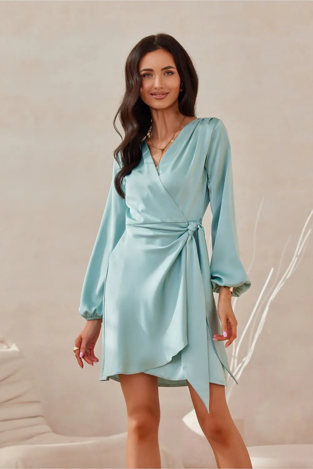 Wrap Tie Mini Dress with Puff Sleeves