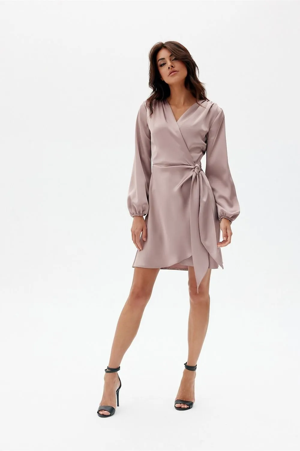 Wrap Tie Mini Dress with Puff Sleeves