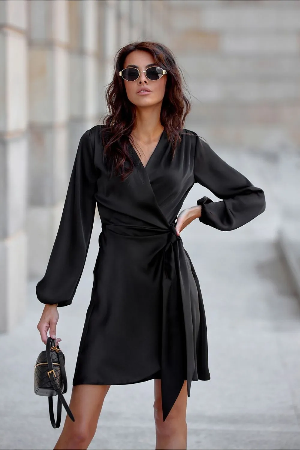 Wrap Tie Mini Dress with Puff Sleeves
