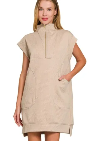 Zenana Textured Knit Jacquard Quarter Zipper Mini Dress
