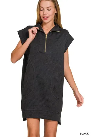 Zenana Textured Knit Jacquard Quarter Zipper Mini Dress
